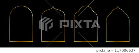 Thin golden oriental arch set. Gold arc border frame collection in art deco style. Thin linear shining curve shape bundle. Glowing shiny boarder element pack for photo, cadre, poster, card. Vector 117006637