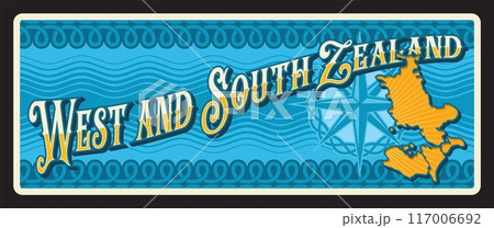 West and south Zealand county, Denmark territory. Vector travel plate, vintage sign, retro postcard design. Souvenir plaque with nordic ornaments, old compass and island map borders West and south Zealand county, Denmark territory. Vector travel plate, vintage sign, retro postcard design. Souvenir plaque with nordic ornaments, old compass and island map borders 117006692