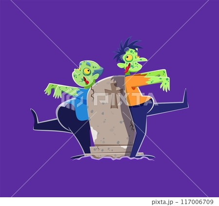 Cartoon Halloween scary characters near tombstone. Vector scene of creepy personages with rotting flesh, eerie eyes, raised arms and tattered clothes near a grave stone, exuding a spine-chilling aura 117006709