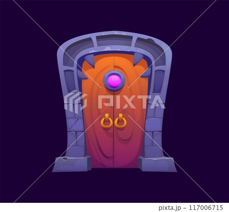 Fantasy magic portal gate door, witchcraft game asset. Cartoon vector enchanted wooden grand doorway with double sashes, purple crystal at its peak, framed by sts, feature golden rings as handles 117006715