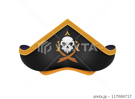 Cartoon pirate hat, corsair captain tricorn adorned with Jolly Roger skull and crossed sabers emblem. Isolated vector buccaneer cocked cap, swashbuckling rover headwear, piracy swashbuckler headgear Cartoon pirate hat, corsair captain tricorn adorned with Jolly Roger skull and crossed sabers emblem. Isolated vector buccaneer cocked cap, swashbuckling rover headwear, piracy swashbuckler headgear 117006717