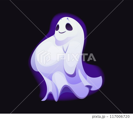 Cartoon Halloween ghost character, scary spooky personage, horror evil monster with friendly face expression and playful grin floating in the air. Isolated vector fat spook, white phantom or spirit Cartoon Halloween ghost character, scary spooky personage, horror evil monster with friendly face expression and playful grin floating in the air. Isolated vector fat spook, white phantom or spirit 117006720