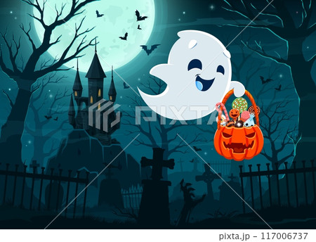 Halloween kawaii ghost with holiday sweets and candies bucket on cemetery, vector background. Halloween horror night and trick or treat party banner, boo ghost with monster sweets in pumpkin basket 117006737