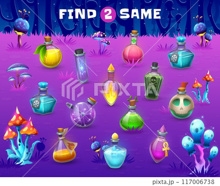 Kids game, find two same Halloween potion bottles. Vector educational children riddle, leisure activity worksheet with cartoon glass flasks at night mysterious forest with purple grass and mushrooms Kids game, find two same Halloween potion bottles. Vector educational children riddle, leisure activity worksheet with cartoon glass flasks at night mysterious forest with purple grass and mushrooms 117006738