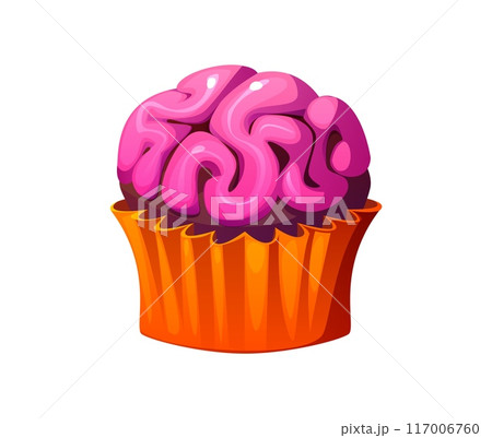 Cartoon Halloween holiday cupcake with pink brain cream convolutions. Isolated vector sweets and dessert for children trick or treat party. Confectiry muffin, homemade bakery, confection for kids Cartoon Halloween holiday cupcake with pink brain cream convolutions. Isolated vector sweets and dessert for children trick or treat party. Confectiry muffin, homemade bakery, confection for kids 117006760