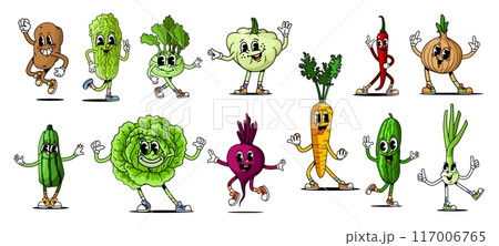 Cartoon retro groovy vegetable characters with cheerful and playful faces. Vector potato, cabbage, celery, broccoli and garlic. Carrot, red chili pepper, onion or cucumber, beet green onion, lettuce Cartoon retro groovy vegetable characters with cheerful and playful faces. Vector potato, cabbage, celery, broccoli and garlic. Carrot, red chili pepper, onion or cucumber, beet green onion, lettuce 117006765