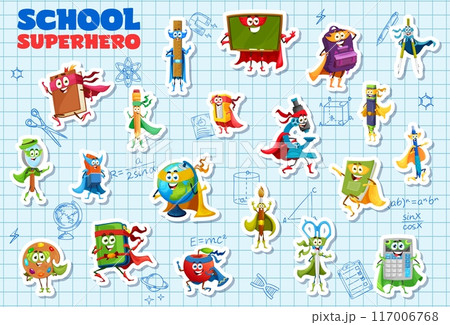 Cartoon school stationery superhero characters stickers. Vector pencil, ruler and globe, apple, calculator, protractor or compass, clipboard, scissors, crayon, eraser, pen and brush, educational tools Cartoon school stationery superhero characters stickers. Vector pencil, ruler and globe, apple, calculator, protractor or compass, clipboard, scissors, crayon, eraser, pen and brush, educational tools 117006768