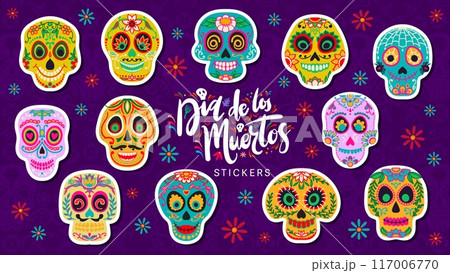 Mexican day of the dead calavera sugar skull stickers. Cartoon vector patches set of Dia de los muertos holiday craniums with flowers and floral pattern. Adhesive calaca heads traditional Mexico decor Mexican day of the dead calavera sugar skull stickers. Cartoon vector patches set of Dia de los muertos holiday craniums with flowers and floral pattern. Adhesive calaca heads traditional Mexico decor 117006770