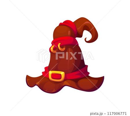 Halloween holiday witch hat with a crooked shape, adorned with red ribbons, golden rings and buckle. Isolated cartoon vector whimsical and magical cap, for party celebration or magician garment Halloween holiday witch hat with a crooked shape, adorned with red ribbons, golden rings and buckle. Isolated cartoon vector whimsical and magical cap, for party celebration or magician garment 117006771