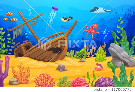 Cartoon underwater landscape, game pa with sunken ship, seaweeds and sea animals. Vector ocean bottom level background with shipwreck scene, coral reefs, fish and tropical marine life 117006779