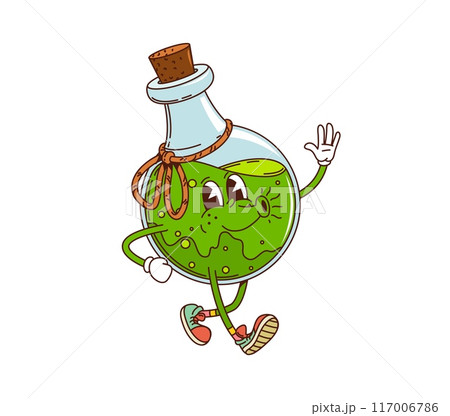 Retro groovy potion bottle Halloween character. Isolated cartoon vector mystical glass flask, magic or witchcraft vial with green bubbling liquid. Vintage wizard, witch or magician mystical brew 117006786