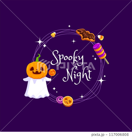 Halloween frame with kawaii ghost, holiday sweets and candies, lollipops, cookies, and corn seeds. Vector border for party night with cute spook wear pumpkin head, enjoying sweet and eerie delights 117006808