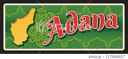 Adana Turkey province retro travel plate, il vintage banner. Vector travel destination sign. Retro board, signboard of touristic Turkish landmark plaque. Adana territory map, oriental pattern Adana Turkey province retro travel plate, il vintage banner. Vector travel destination sign. Retro board, signboard of touristic Turkish landmark plaque. Adana territory map, oriental pattern 117006827
