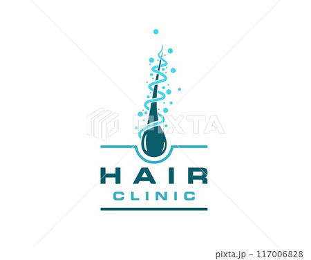 Hair clinic, dermatology icon, follicle grow. Isolated vector emblem for skin rejuvenation and expert care for scalp and hair health, follicle transplant beauty service, trichology medical treatment Hair clinic, dermatology icon, follicle grow. Isolated vector emblem for skin rejuvenation and expert care for scalp and hair health, follicle transplant beauty service, trichology medical treatment 117006828