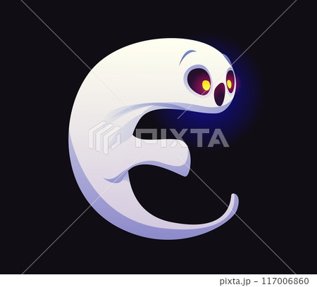 Letter E Halloween ghost font, scary typeface, horror evil type, spooky monster alphabet. Vector holiday kid abc spook character floating in the night with glowing eyes and surprised expression 117006860