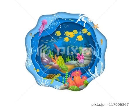 Paper cut underwater landscape with seaweeds, fish shoal, jellyfish and turtle. Cartoon tropical sea bottom with vibrant coral reef. Colorful 3d vector papercut undersea scene inside of layered frame 117006867