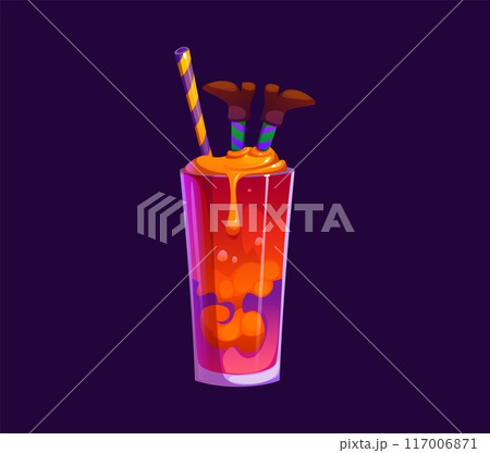 Cartoon Halloween cocktail in a tall glass, with red and orange layers, topped with witch legs and striped straws. Vector spooky party drink, brew or concoction for eerie holiday celebration, bar menu Cartoon Halloween cocktail in a tall glass, with red and orange layers, topped with witch legs and striped straws. Vector spooky party drink, brew or concoction for eerie holiday celebration, bar menu 117006871