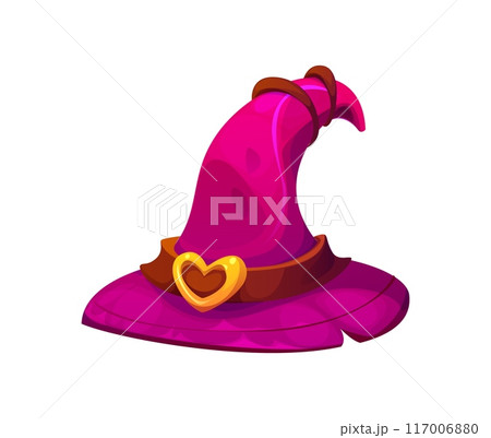Halloween holiday witch hat, isolated cartoon vector bright pink witch cap with a golden heart-shaped buckle and brown straps. Cute and whimsical enchantress headwear for fantasy games or parties Halloween holiday witch hat, isolated cartoon vector bright pink witch cap with a golden heart-shaped buckle and brown straps. Cute and whimsical enchantress headwear for fantasy games or parties 117006880