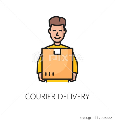 Courier delivery color line icon, vector logistics, supply chain, cargo and shipping service. Delivery man, courier or postman with box, parcel or mail package delivering order isolated outline symbol Courier delivery color line icon, vector logistics, supply chain, cargo and shipping service. Delivery man, courier or postman with box, parcel or mail package delivering order isolated outline symbol 117006882