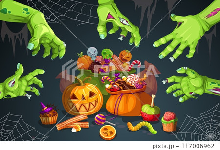 Halloween zombie hands with holiday sweets bucket and bag for trick or treat party, vector banner. Halloween sweets and monster candy with spooky pumpkin, skull caramels and brain or chocolate spider Halloween zombie hands with holiday sweets bucket and bag for trick or treat party, vector banner. Halloween sweets and monster candy with spooky pumpkin, skull caramels and brain or chocolate spider 117006962