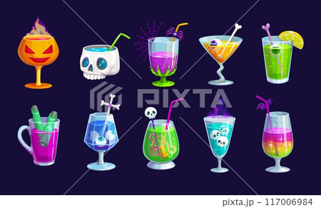 Halloween holiday party cocktail drinks for bar menu in spooky glasses, cartoon vector. Halloween cocktail drinks and soda beverages in skull or scary pumpkin glass with finger, eye or spider ice 117006984