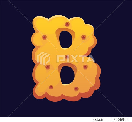 Letter B cartoon cookie confectionery alphabet, sweets typeface, font type. Isolated vector typography symbol resembling a crunchy freshly baked cracker with golden-brown baked texture and small holes 117006999