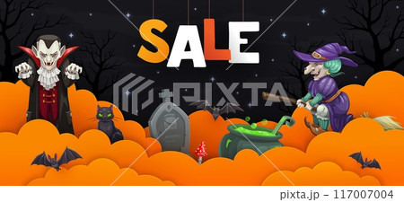 Halloween paper cut sale banner with horror night holiday characters, vector background. Halloween discount or sale promotion banner with witch on broom, Dracula vampire in orange paper cut clouds Halloween paper cut sale banner with horror night holiday characters, vector background. Halloween discount or sale promotion banner with witch on broom, Dracula vampire in orange paper cut clouds 117007004