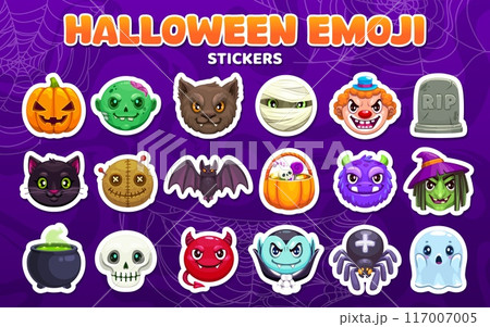 Halloween emoji stickers fun collection featuring characters like pumpkin, zombie, bat and witch. Monster, tombstone, cat and cauldron, skull, devil, clown, vampire or spider with spooky expressions Halloween emoji stickers fun collection featuring characters like pumpkin, zombie, bat and witch. Monster, tombstone, cat and cauldron, skull, devil, clown, vampire or spider with spooky expressions 117007005