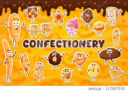Cartoon funny bakery and pastry characters stickers pack. Vector baked goods like bread, croissant, cupcake and baguette. Checkerboard and star-shaped cookies, donut, macaron and cracker confectionery 117007010