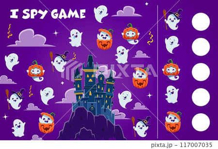 Halloween i spy game with cartoon cute kawaii ghost characters, vector puzzle worksheet. Find and match suitable picture of funny boo ghosts with pumpkin, witch hat and broom on Halloween horror night 117007035