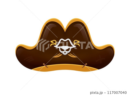 Cartoon pirate hat, corsair captain tricorn. Vector classic cap in chocolate brown with golden trim, skull and crossed sabers emblem, embodying the adventurous spirit of a filibuster on the high seas 117007040