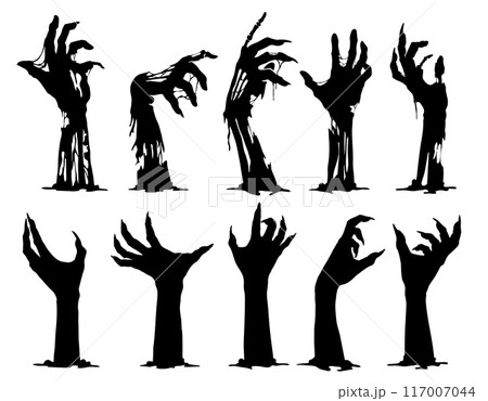 Halloween zombie hands silhouettes, vector horror holiday. Scary monsters arms reaching out from cemetery grave ground. Evil dead man, spooky graveyard ghost or demon black hands with creepy fingers 117007044