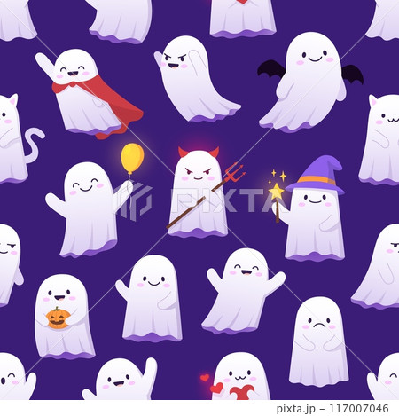 Halloween kawaii ghost characters seamless pattern. Halloween season fabric print, autumn holiday wrapping paper vector pattern with ghosts kawaii personages in superhero, wizard and devil costumes 117007046