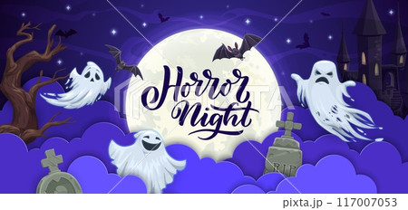 Halloween paper cut clouds with funny ghosts, bats and dark castle. Vector holiday background with 3d papercut effect, starry sky with full moon, flying spooks and trees and old cracked gravestones Halloween paper cut clouds with funny ghosts, bats and dark castle. Vector holiday background with 3d papercut effect, starry sky with full moon, flying spooks and trees and old cracked gravestones 117007053