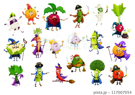 Cartoon Halloween vegetable characters. Vector eggplant, pumpkin, beetroot or cucumber. Cauliflower, radish, carrot, garlic and squash. Spinach, avocado, chili pepper and broccoli or tomato personages Cartoon Halloween vegetable characters. Vector eggplant, pumpkin, beetroot or cucumber. Cauliflower, radish, carrot, garlic and squash. Spinach, avocado, chili pepper and broccoli or tomato personages 117007054