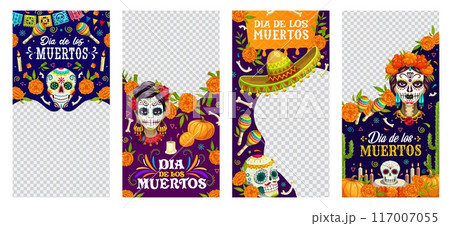Social media post templates, Day of the Dead mexican holiday frames with marigold flowers and calavera sugar skulls. Mexico Halloween vector social media banners of cartoon skulls, sombrero, maracas Social media post templates, Day of the Dead mexican holiday frames with marigold flowers and calavera sugar skulls. Mexico Halloween vector social media banners of cartoon skulls, sombrero, maracas 117007055