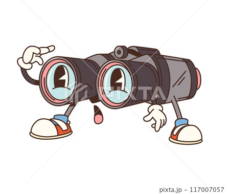 Cartoon groovy travel binoculars character, retro camp and tourism personage. Isolated vector anthropomorphic optical equipment with a surprised curious face, looking far and searching for adventures 117007057
