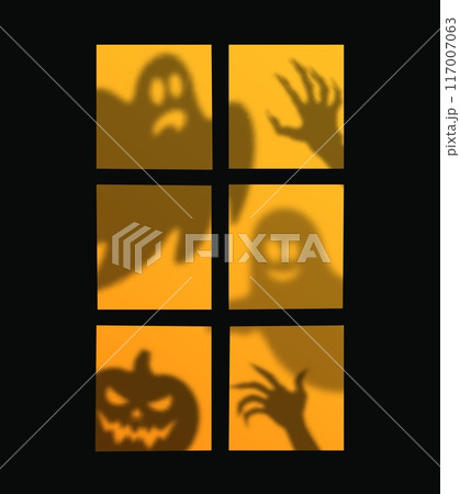 Halloween window silhouettes of ghosts, spooky pumpkin and zombie hands, cartoon vector background. Halloween horror night holiday boo ghosts or poltergeist with creepy pumpkin shadow behind window 117007063