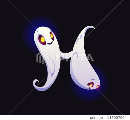 Letter H Halloween ghost font, scary typeface, horror evil type, spooky monster alphabet. Vector autumn holiday kid abc character, funny smiling spooks with yellow glowing eyes, typography symbol Letter H Halloween ghost font, scary typeface, horror evil type, spooky monster alphabet. Vector autumn holiday kid abc character, funny smiling spooks with yellow glowing eyes, typography symbol 117007064