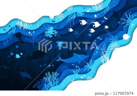 Paper cut underwater landscape with seaweeds, coral reef and sea animals. Manta ray, fish shoal, jellyfish and octopus, dolphin or turtle silhouettes. 3d vector ocean depths scene inside of wavy frame 117007074