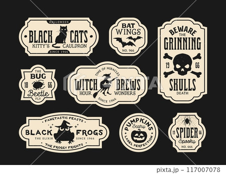 Halloween potion bottle labels for witch elixir and horror night holiday drinks, vector vintage paper tags. Halloween trick or treat party potion labels with skull crossbones, pumpkin and witch frog 117007078