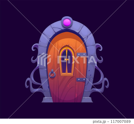 Fantasy magic portal gate door, witchcraft game asset. Cartoon vector enchanting doorway, fairy tale time travel teleport framed by grey stone with purple crystal atop, large window and ring knob 117007089