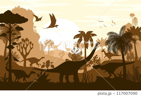 Dinosaur silhouettes, vector shadow scene of jurassic prehistoric landscape. Dino animals and ancient flora with palm trees and ferns under a large sunset sun, monochromatic background in brown colors 117007090