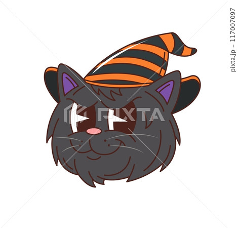 Cartoon groovy Halloween black cat character with expressive eyes and striped witch hat. Isolated vector cute kitten face is giving mischievous look. Spooky and playful festive feline animal personage Cartoon groovy Halloween black cat character with expressive eyes and striped witch hat. Isolated vector cute kitten face is giving mischievous look. Spooky and playful festive feline animal personage 117007097