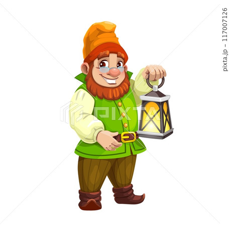 Cartoon gnome character with lantern. Isolated vector dwarf in colorful attire, holding glowing garden lamp that illuminates his mischievous smile. Bearded elf magical personage in the enchanted world 117007126