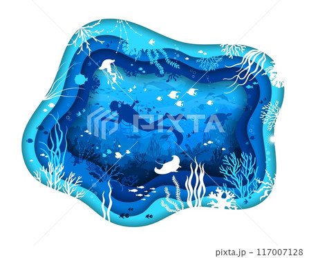 Scuba diver at paper cut underwater landscape. 3d vector sea and ocean bottom papercut frame with human figure silhouette diving or swimming amidst fishes and reefs with sunken ship on the background 117007128