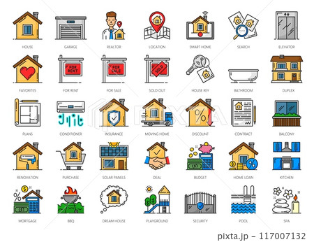 Real estate icons. Mortgage and house apartment rent, insurance and interior design color line symbols. Vector house buildings smart home and key, realtor, handshake, deal contract and apartment plan 117007132