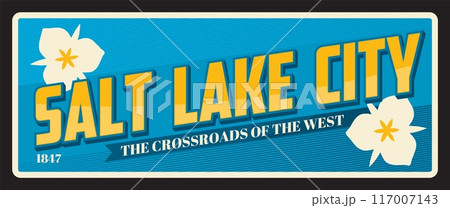 Salt Lake City american USA retro travel plate, vintage tin plaque. United States of America vintage tin sign, vector plate or banner with seal and flag symbol, The crossroads of the west and flowers 117007143