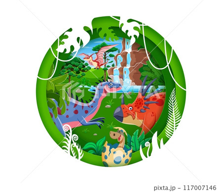Paper cut prehistoric era landscape with dinosaurs. Cartoon dino characters and tropical jungle forest with waterfall cascade, vines and vivid jurassic nature inside of 3d vector round layered frame Paper cut prehistoric era landscape with dinosaurs. Cartoon dino characters and tropical jungle forest with waterfall cascade, vines and vivid jurassic nature inside of 3d vector round layered frame 117007146