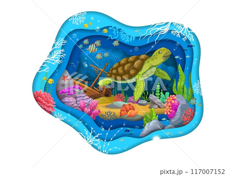 Cartoon turtle and sunken ship at paper cut underwater landscape with fishes, tropical corals and seaweeds. 3d vector papercut dimensional whimsical sea life and shipwreck scene in wavy layered frame 117007152